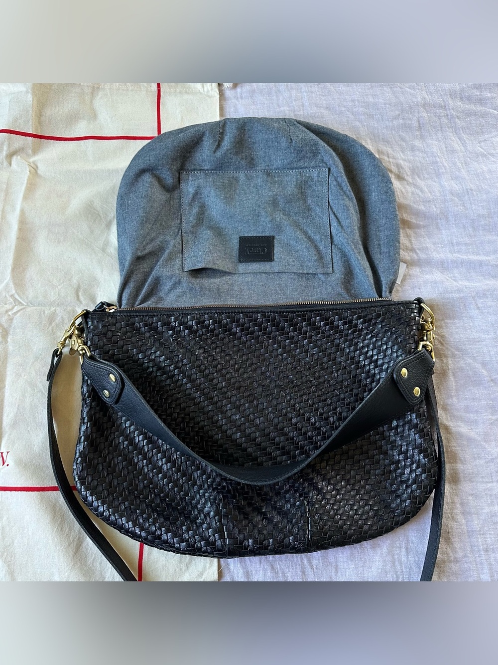 Clare V Moyen Messenger, Black Woven Zig Zag - Picture 6 of 10